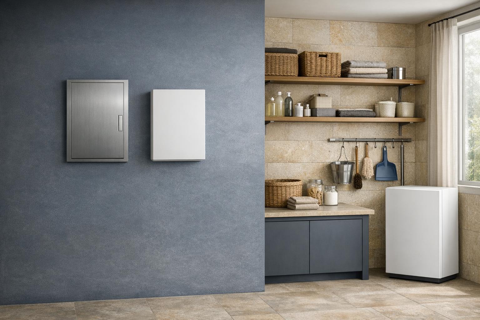 Compact wall-mounted white electric water heater in a bright utility room AI-generated editorial illustration.