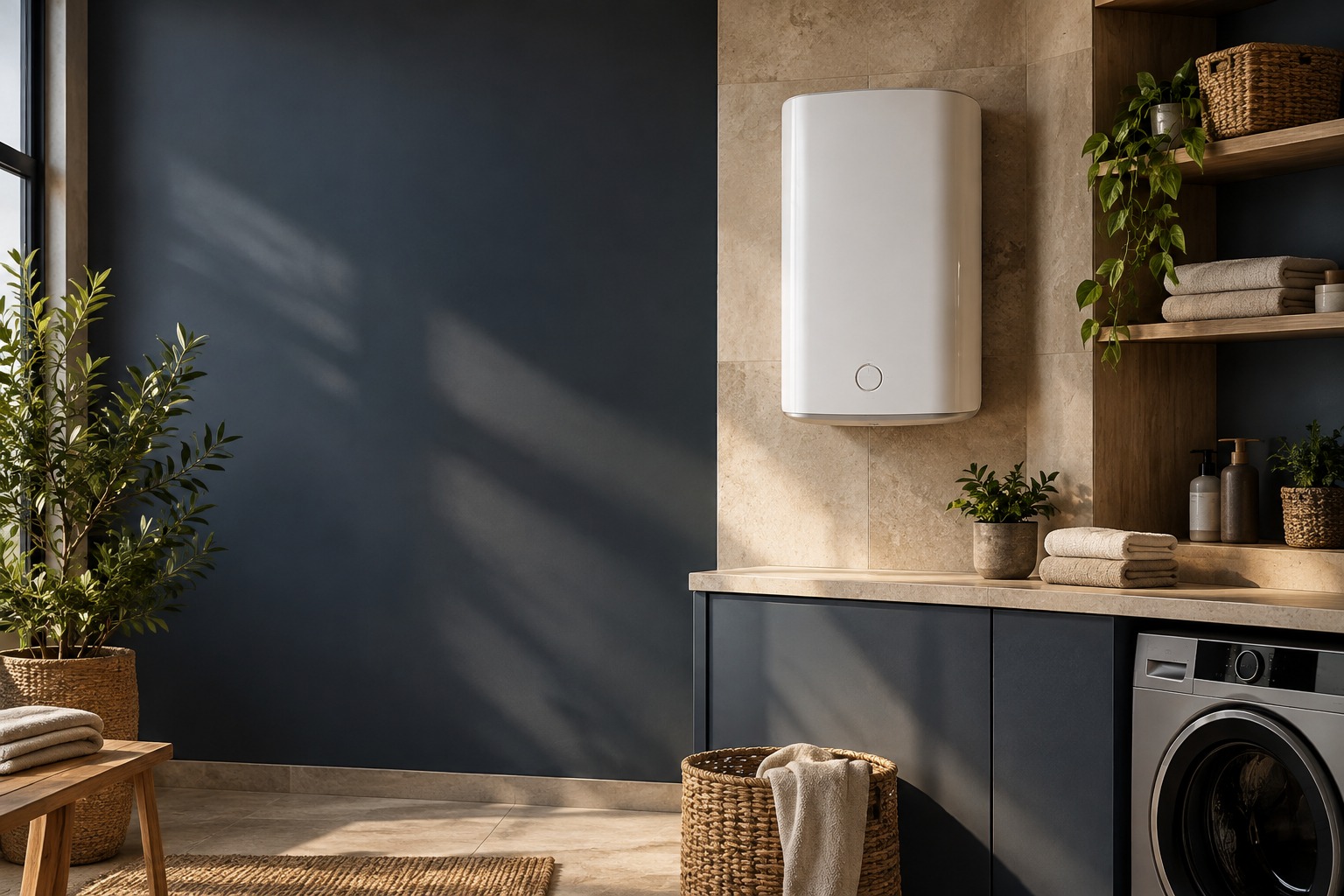 Compare tankless water heaters by the flow rate their listings state, the fuel they burn and the temperature rise your climate demands — documented specifications, nothing invented. AI-generated editorial illustration.